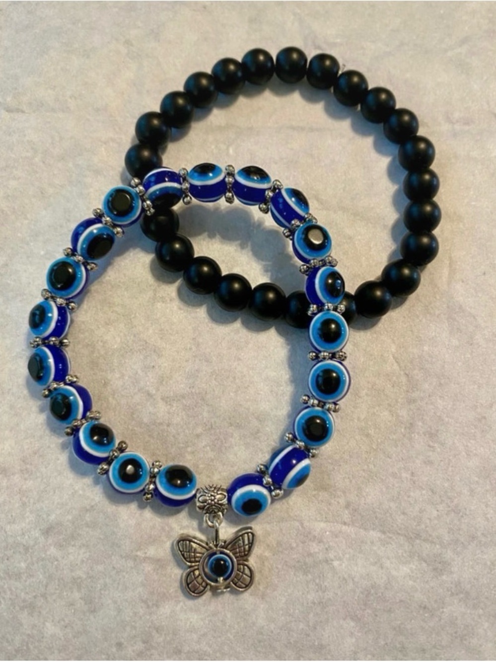 Blue Evil Eye Beaded Bracelet Set with Butterfly Charm NWOT